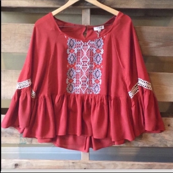 Coral Embroidered Bell Sleeve Blouse